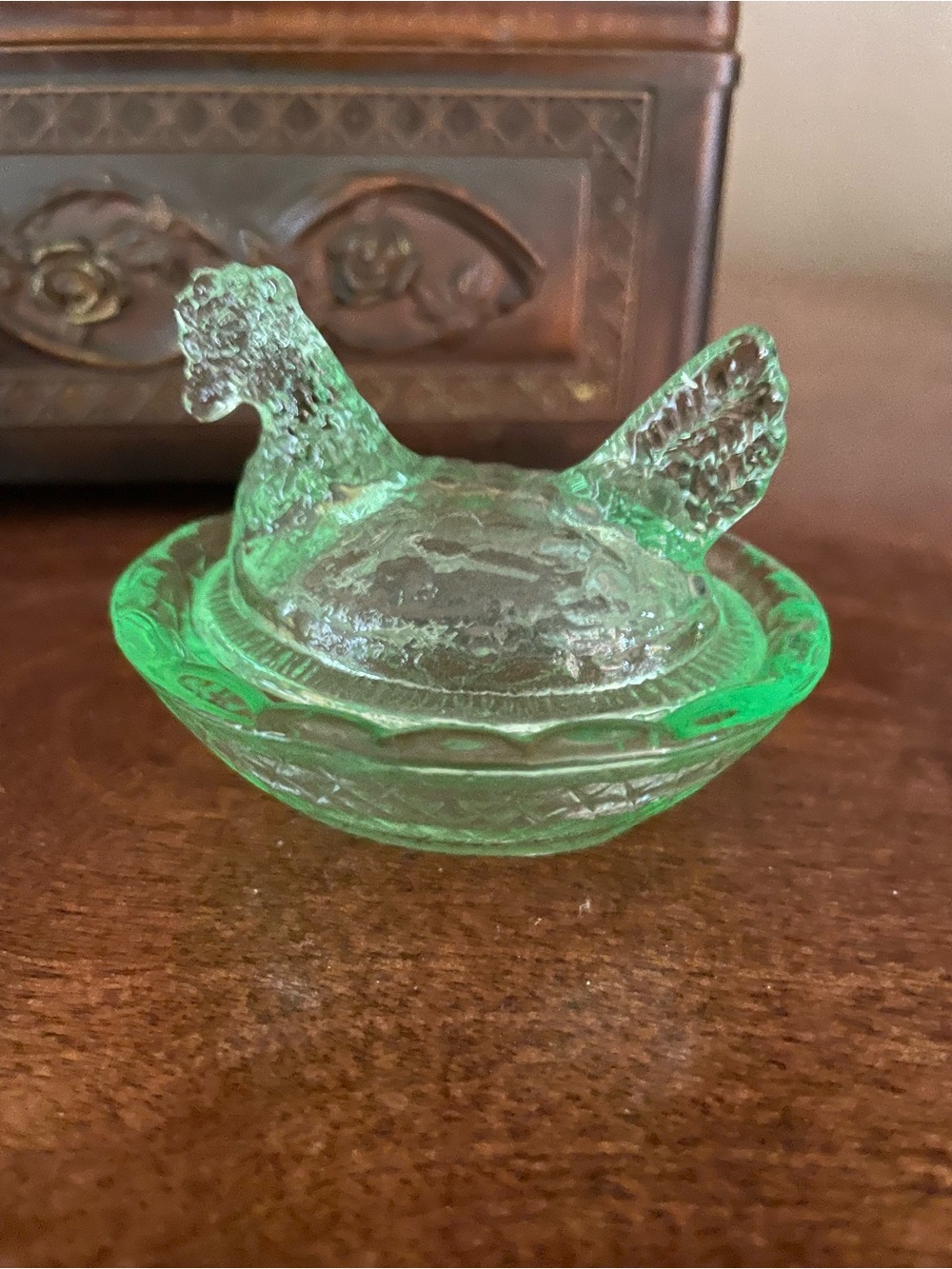 Green Glass Hen on Nest Dish